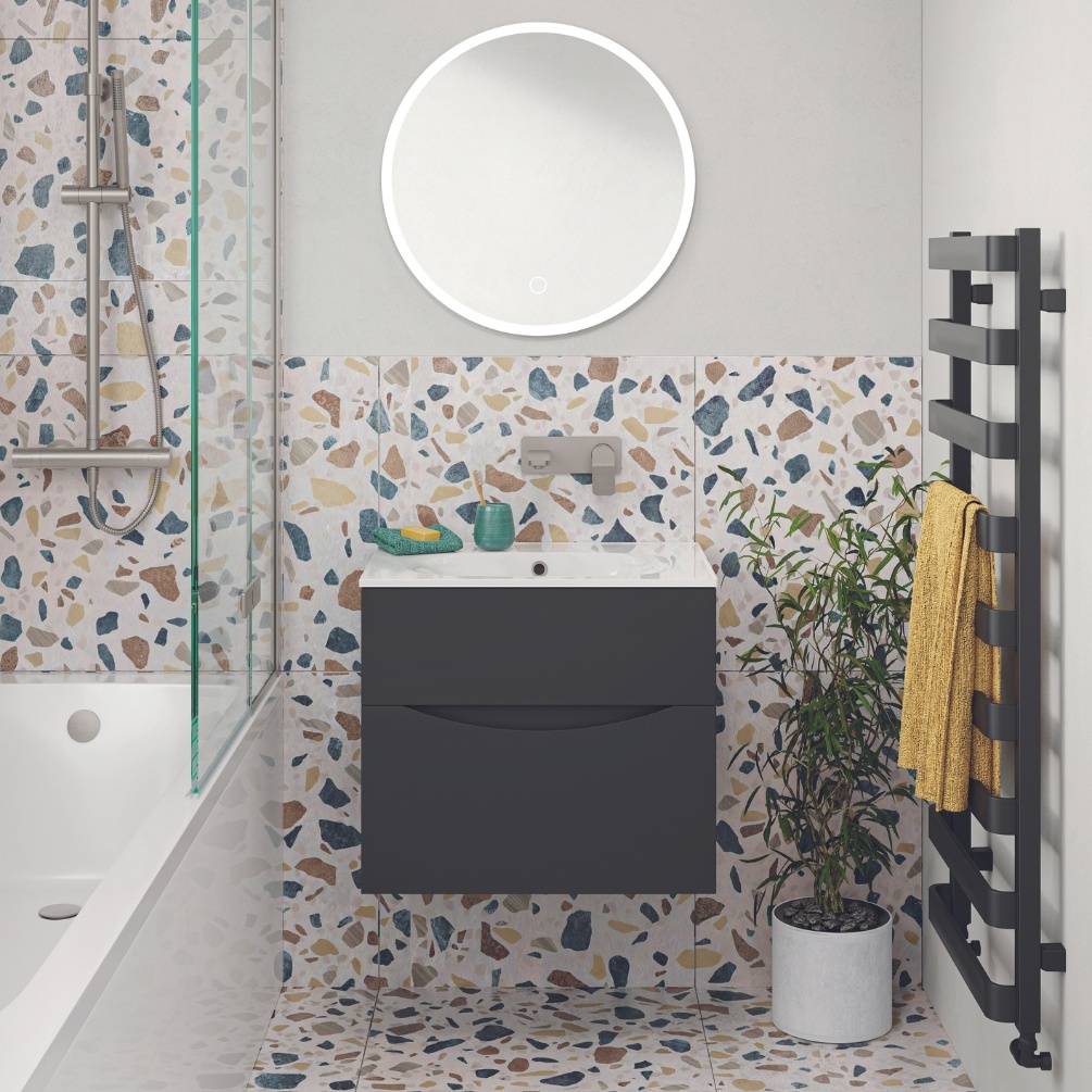 Product Lifestyle image of the Crosswater Glide II Matt Black 600mm Double Drawer Unit with Ice White Glass 1 Tap Hole Basin